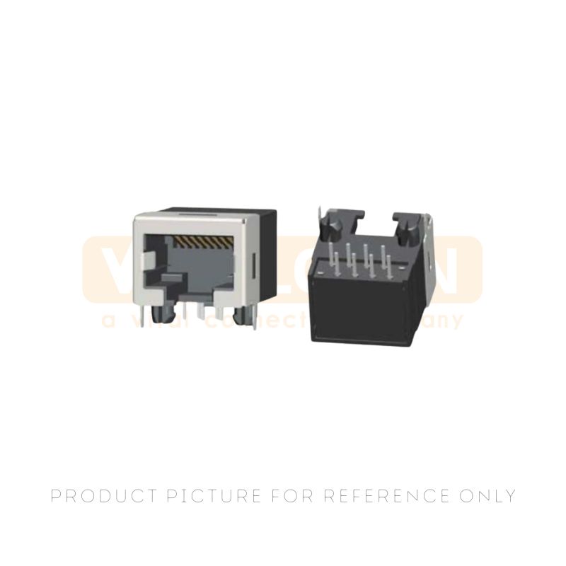 Shielded RJ45 jack with gold plated contacts for vertical through-hole PCB mounting