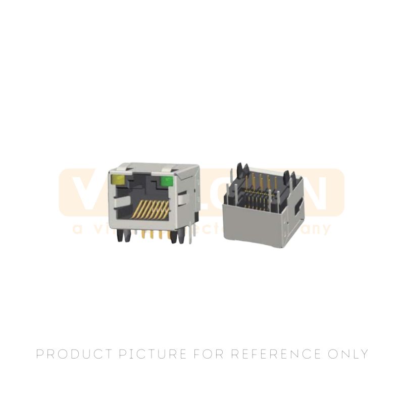Shielded Cat6A RJ45 jack with green and yellow LEDs for vertical through-hole PCB mounting