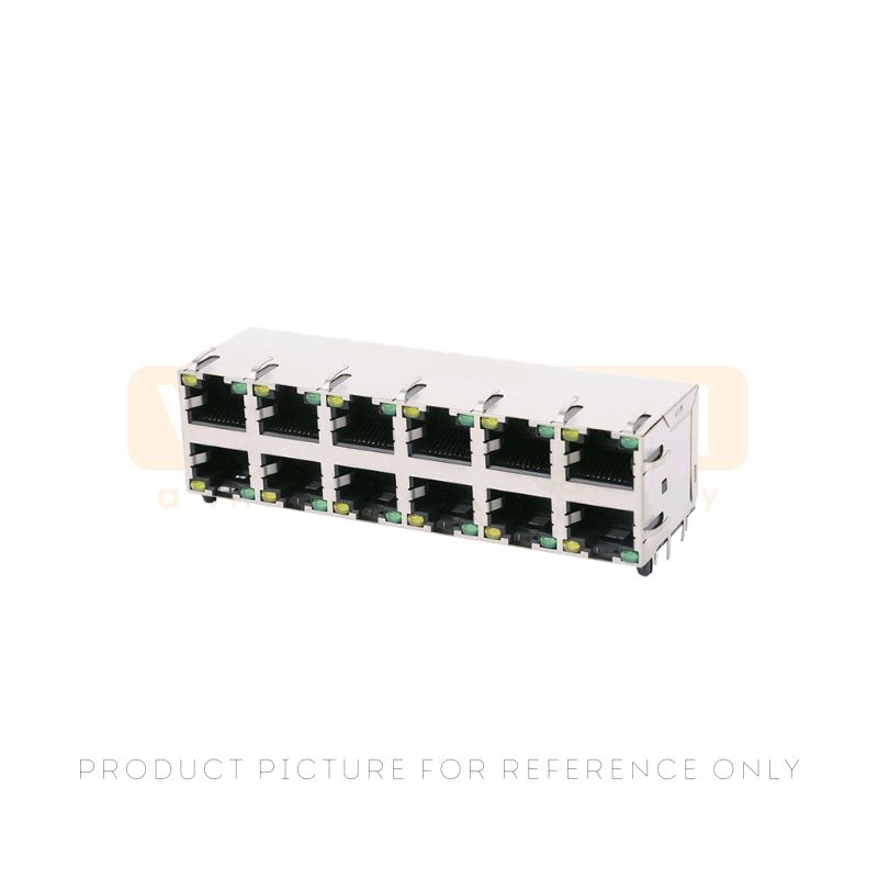 Twelve port 1G/5G multi-gig RJ45 jack with green yellow LEDs in a 2x6 stacked through-hole footprint