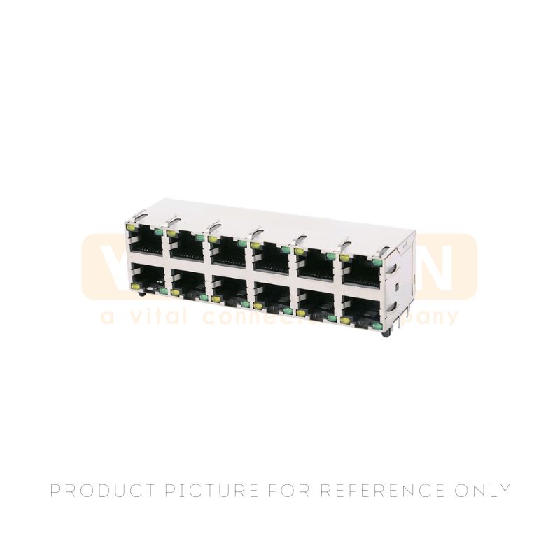 Twelve port PoE plus multi-gig RJ45 jack with green yellow LEDs for high density PoE switches