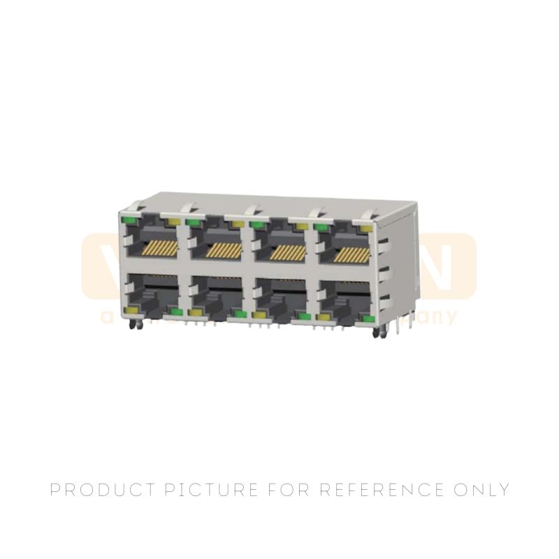 Eight port 5G multi-gig RJ45 jack with green yellow LEDs in a 2x4 stacked through-hole footprint
