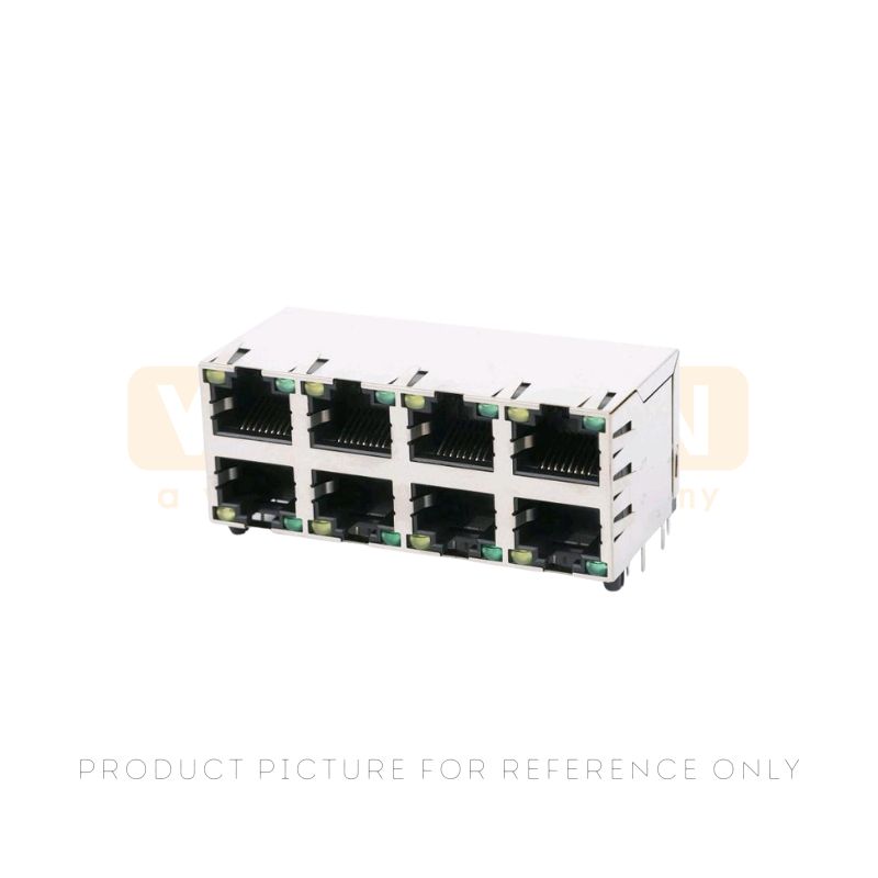 Eight port 5G BASE-T ICM RJ45 jack with gold plated contacts in a 2x4 stacked through-hole footprint
