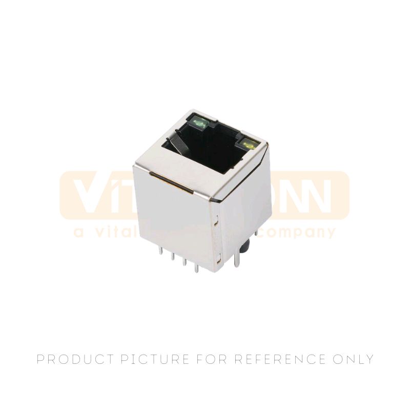 Single port 100Base-T RJ45 magnetic jack with green and green yellow LEDs in a shielded through-hole package