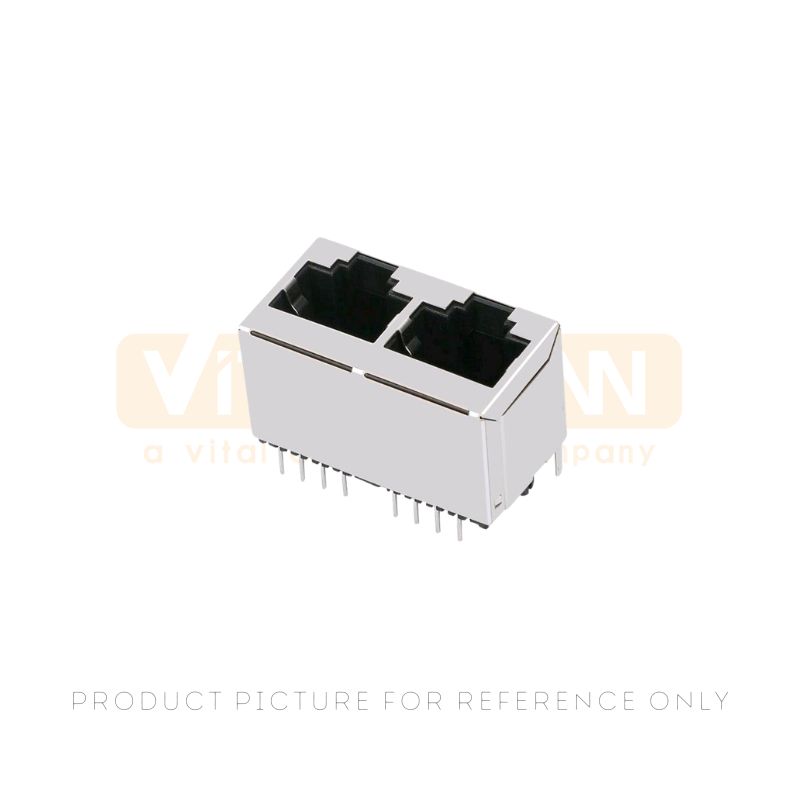 Dual port 8P8C RJ45 jack with green and yellow LEDs and through-hole pins for Ethernet ports