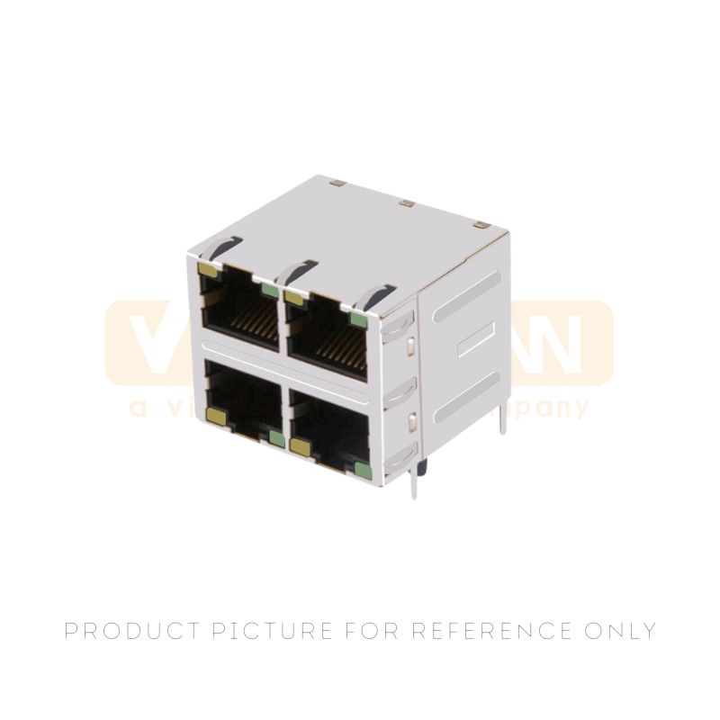 Quad port 2x2 shielded RJ45 jack with green and yellow LEDs and through-hole pins for multi-port Ethernet equipment