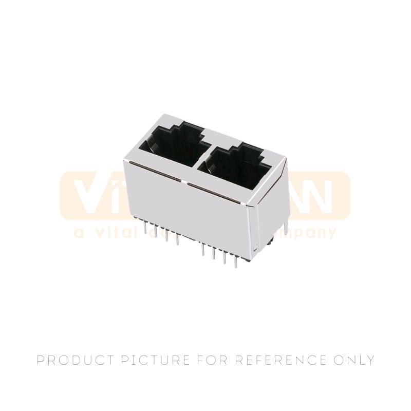 Dual port 1x2 shielded RJ45 jack with nickel plated shell and through-hole pins for Ethernet ports