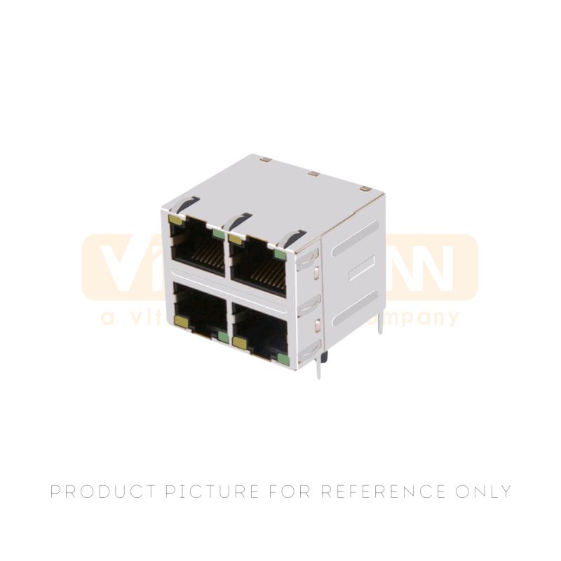 Quad port 2x2 8P8C RJ45 jack with red and green LEDs and through-hole pins for multi-port Ethernet equipment