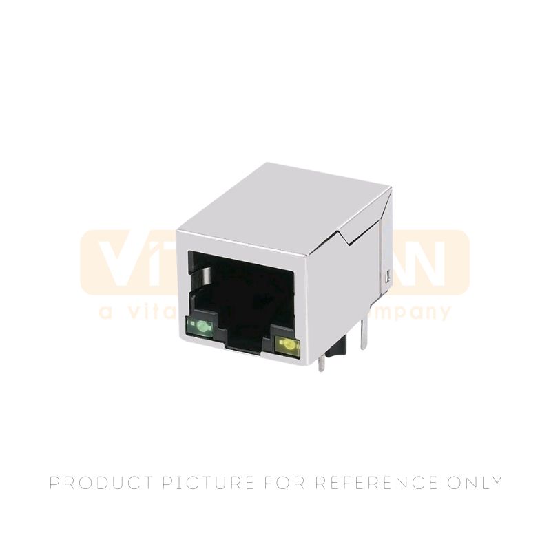 100Mbps RJ45 magnetic jack with integrated filter, green and yellow LEDs and through-hole pins for Ethernet ports