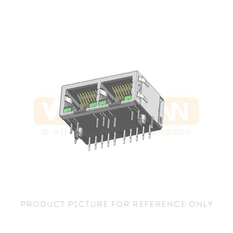 Dual port shielded RJ45 jack with filter and green and yellow LEDs