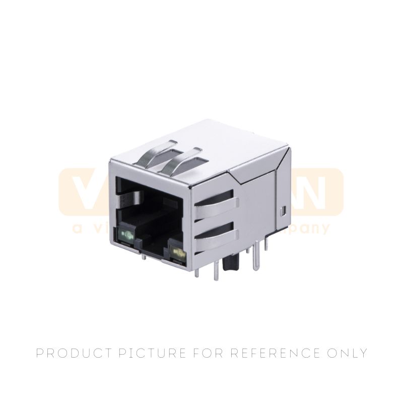 100Mbps RJ45 magnetic jack with integrated 100BASE-T filter, green and yellow LEDs and through-hole pins for Fast Ethernet ports
