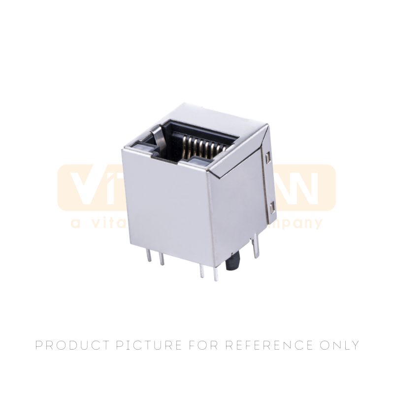 Vertical unshielded single port RJ45 connector with full gold plated contacts and through-hole pins