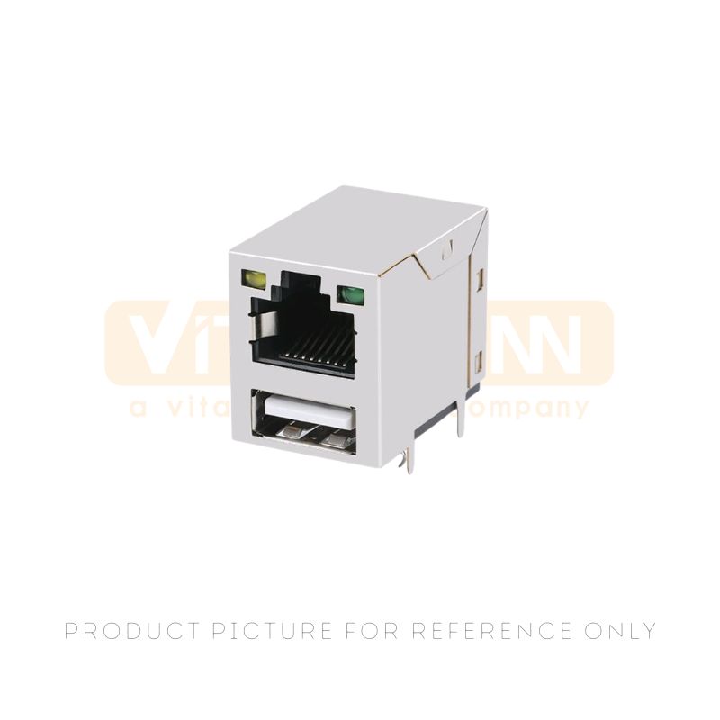 TAB-UP single port 100BASE-T RJ45 magnetic jack with green and yellow LEDs and through-hole pins for Fast Ethernet ports