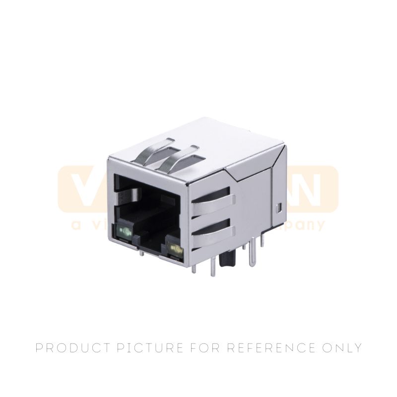 Horizontal shielded single port RJ45 jack with green and yellow LEDs and through-hole pins
