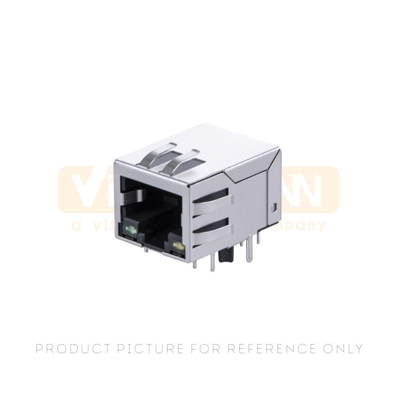 Single port 1000BASE-T RJ45 magnetic jack with yellow and green LEDs and through-hole pins for Gigabit Ethernet ports