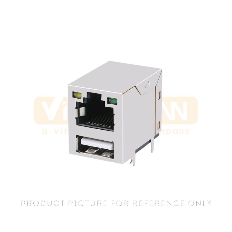 Horizontal shielded stacked RJ45 and USB Type-A combo receptacle with through-hole pins and status LEDs