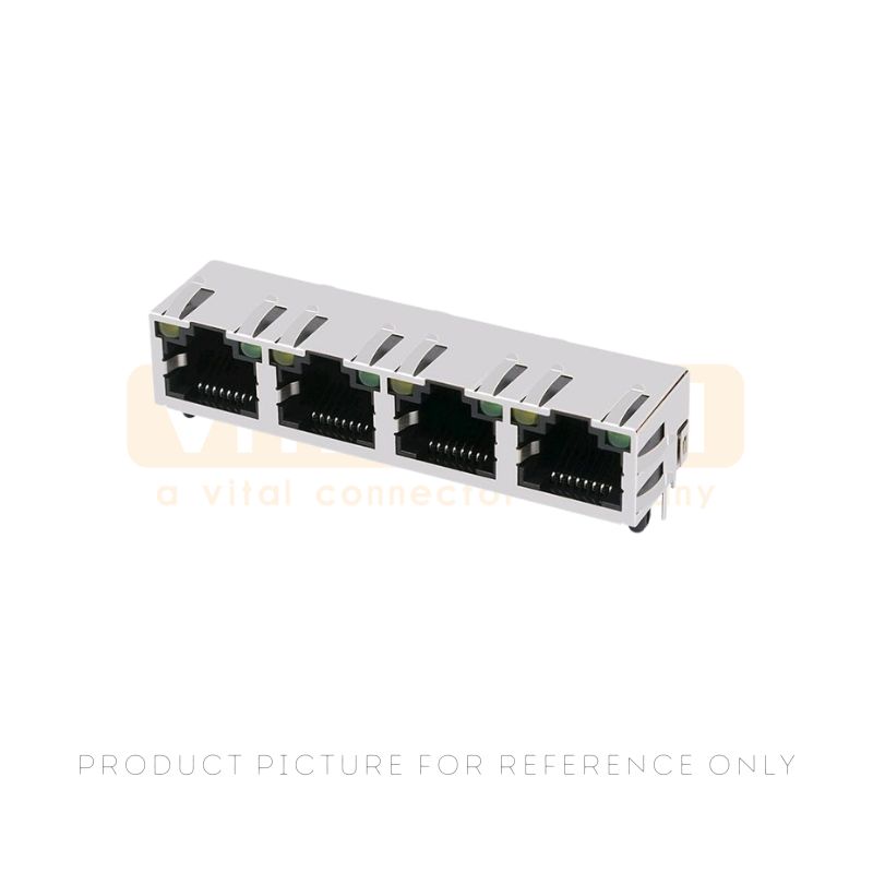 1x4 quad port shielded RJ45 jack with green and yellow LEDs and through-hole pins for multi-port Ethernet equipment