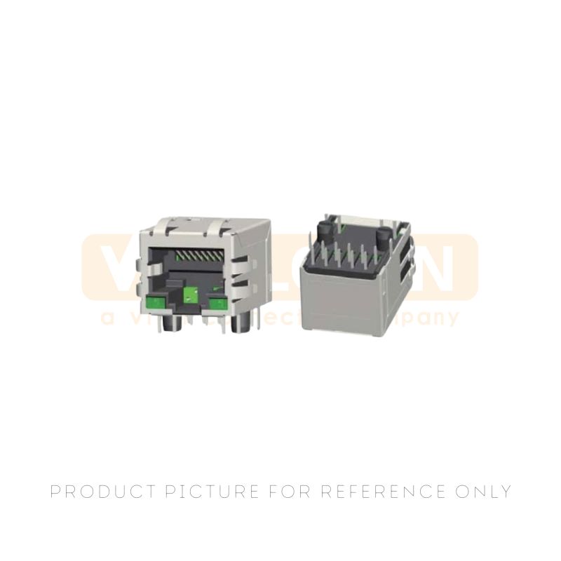 Tab-up single port 1000BASE-T RJ45 magnetic jack with yellow and green LEDs and through-hole pins