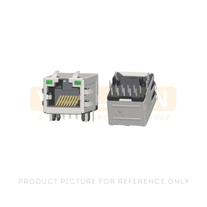 Vertical unshielded 1x1 RJ45 jack with green LEDs and through-hole round pins for compact Ethernet equipment
