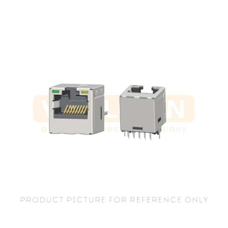 Shielded side-entry single port 8P8C RJ45 jack with green and yellow LEDs and tab-down through-hole round pins