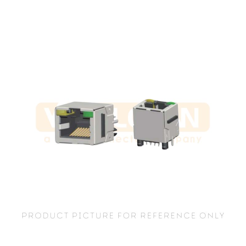 Vertical shielded 1x1 RJ45 tab up jack with yellow and green LEDs and through-hole pins for high-density Ethernet equipment