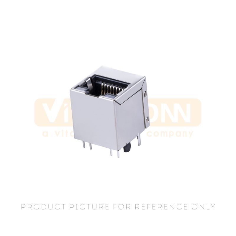 RJ45 tab up vertical shielded 1x1 8P8C modular jack with stainless steel shell and through-hole pins