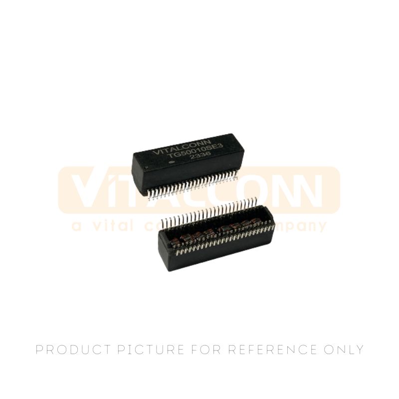 TG50010SE3 dual port 100/1000Base-T LAN transformer with 50 pin SMD gull wing leads and visible internal magnetics